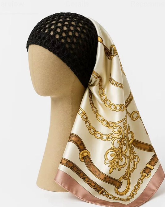 2 in 1 attached head wrap - Luxury Satin Chain-Print Headscarf with Crochet Cap